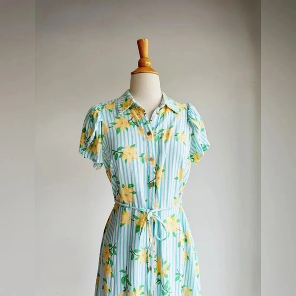 DRAPER JAMES RSVP | Blue and Yellow Floral Striped Linen Blend Dress | M - Picture 2 of 6